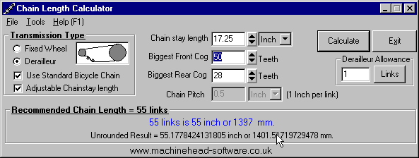 Screen shot of chain length calculator in derailleur mode