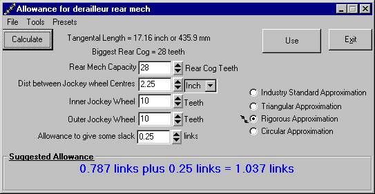 Screenshot of derailleur allowance calculator