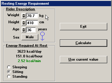 Cyclists resting energy requirement calculator screenshot