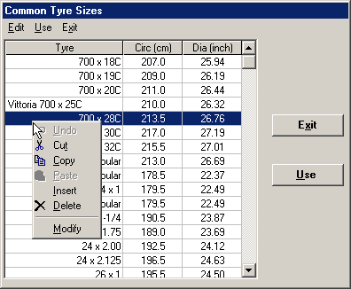 Editable table of standard tyre sizes