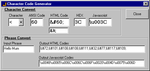 Character code generator screenshot