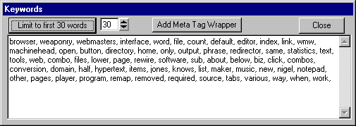 Screenshot of meta keyword list